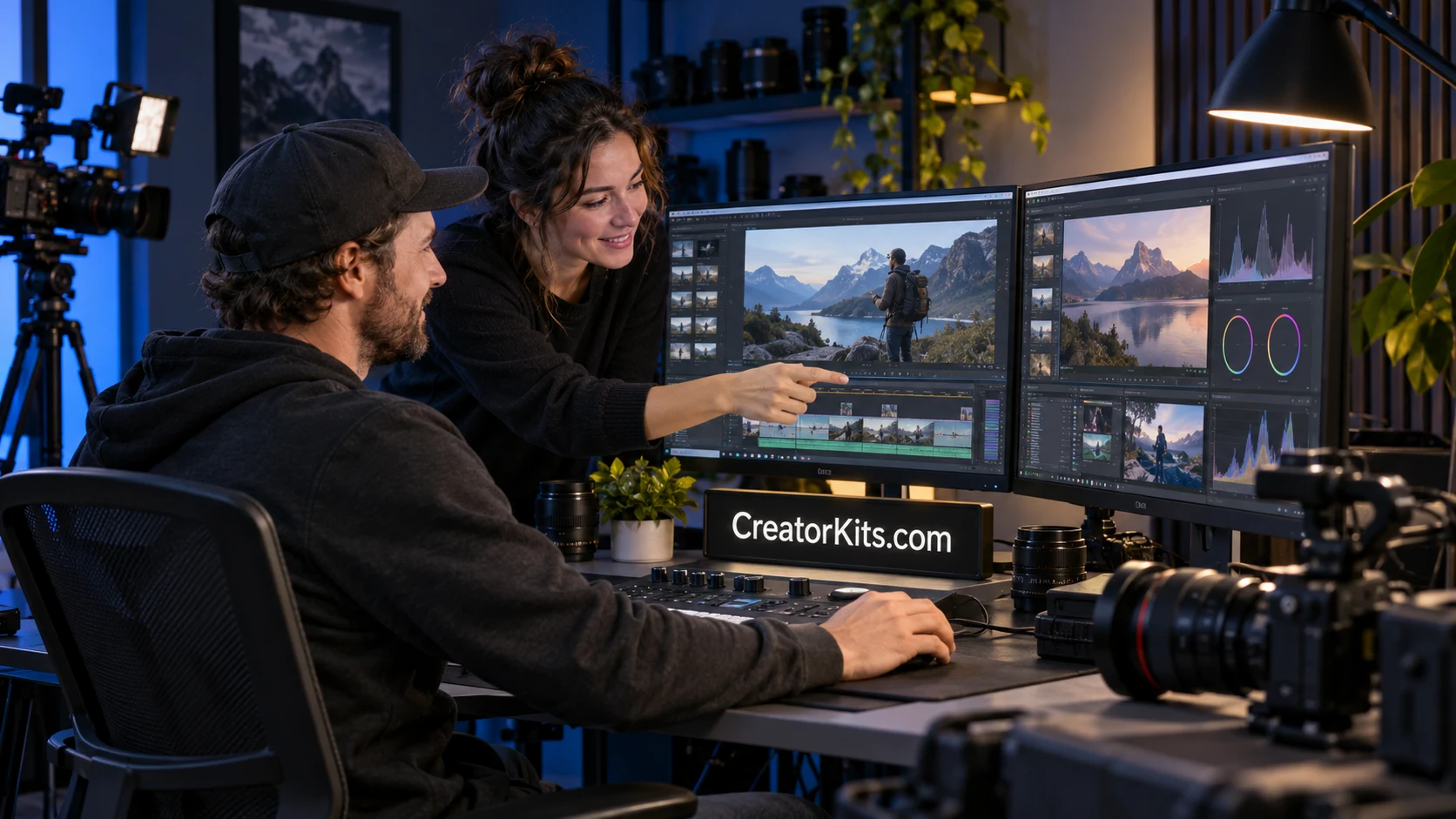 Two creators collaborating at an editing workstation
