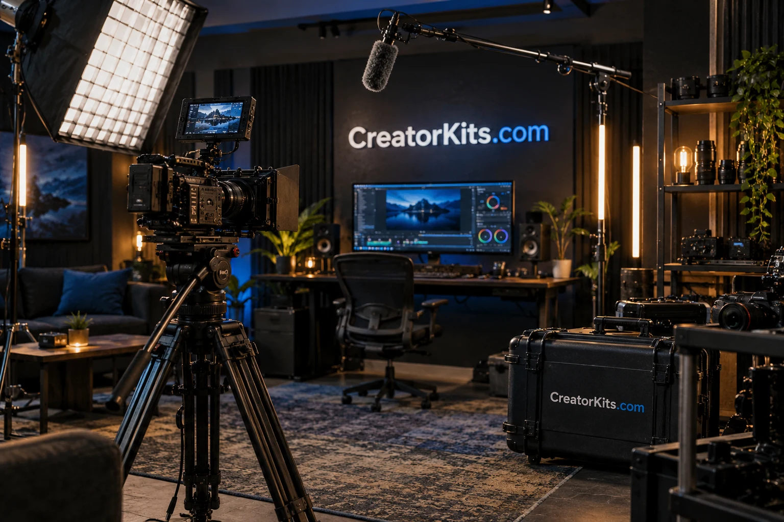 A working creator studio with camera, microphone and warm production lighting