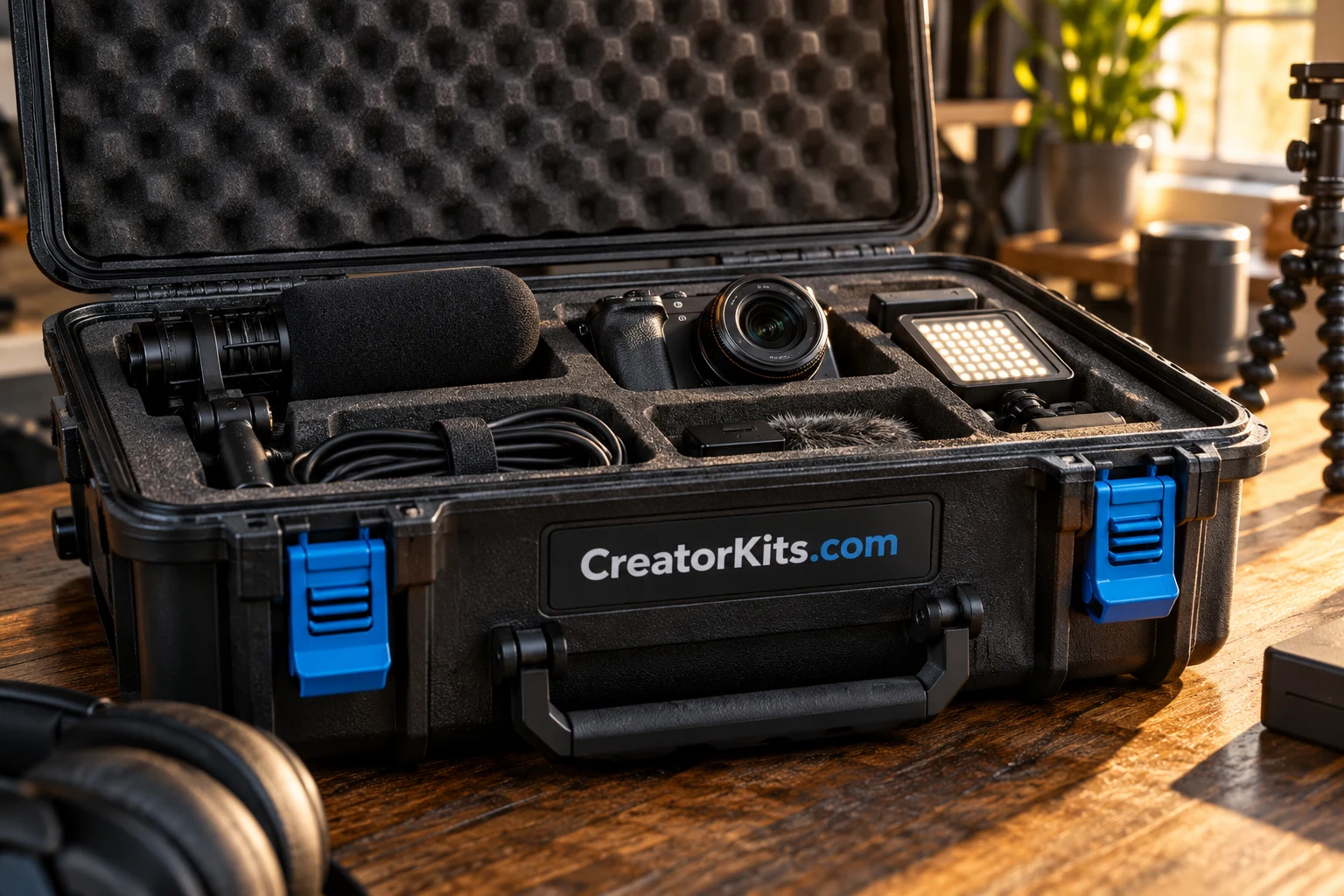 A fitted equipment case holding a camera, microphone and recording accessories